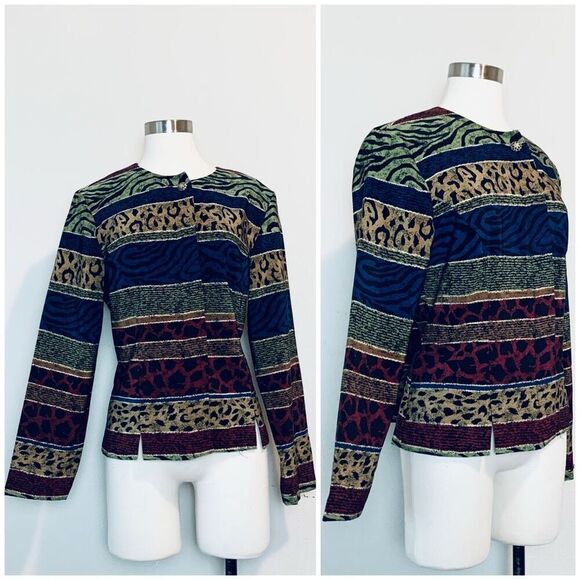 Philosophy Sag Harbor Animal Print Stripe Jacket Blazer Grandma Large - Picture 1 of 7